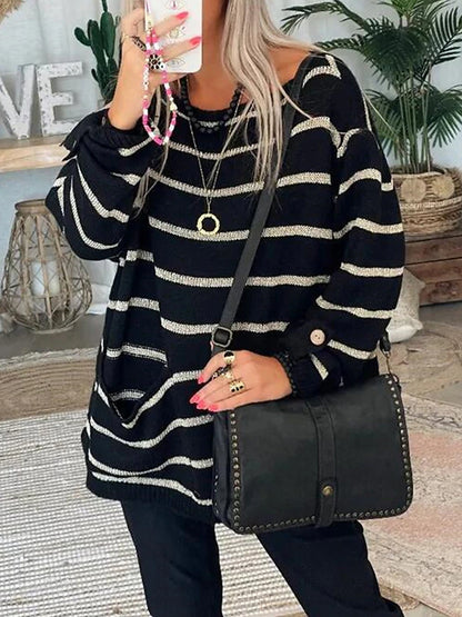 Women's Pullover Sweater Jumper Crew Neck Ribbed Knit Polyester Pocket Fall Winter Daily Going out Weekend Stylish Casual Soft Long Sleeve Striped Maillard Black Pink Orange S M L