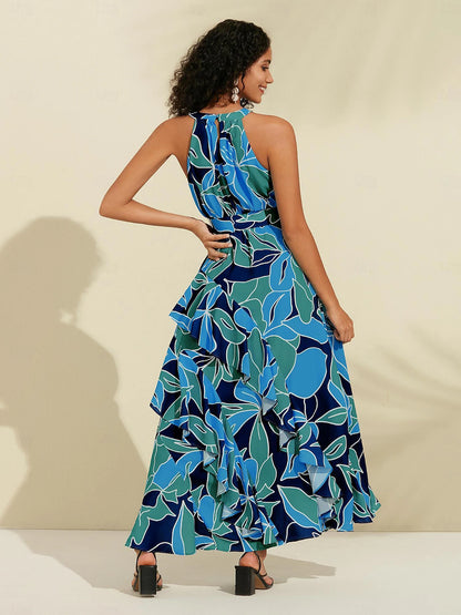 Floral Ruffle Chiffon Maxi Dress(Belt Included）