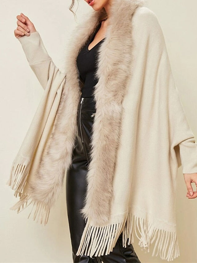 Women's Poncho Sweater Open Front Ribbed Knit Acrylic Tassel Knitted Fall Winter Tunic Outdoor Daily Going out Stylish Casual Soft Long Sleeve Pure Color Black Pink Wine S M L