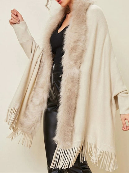 Women's Poncho Sweater Open Front Ribbed Knit Acrylic Tassel Knitted Fall Winter Tunic Outdoor Daily Going out Stylish Casual Soft Long Sleeve Pure Color Black Pink Wine S M L