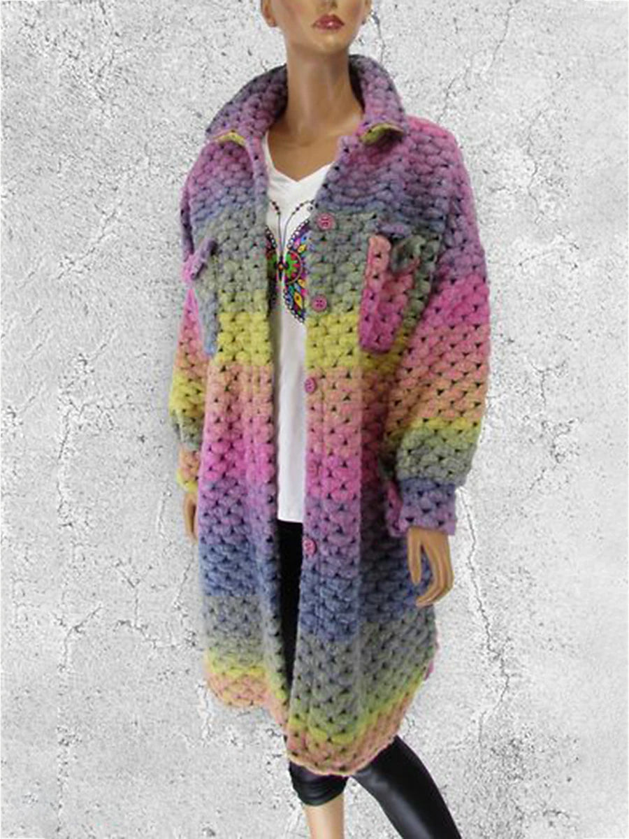 Women's Cardigan Sweater Shirt Collar Chunky Crochet Knit Polyester Pocket Knitted Fall Winter Long Outdoor Daily Going out Stylish Casual Soft Long Sleeve Color Gradient Purple S M L