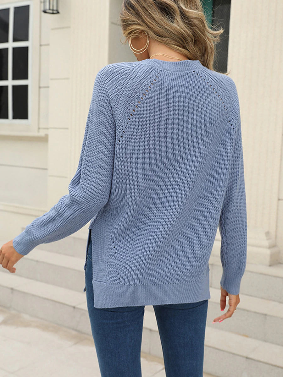 Women's Pullover Sweater Jumper Crew Neck Ribbed Knit Acrylic Split Hole Summer Spring Daily Going out Weekend Stylish Casual Soft Long Sleeve Solid Color Black White Pink S M L