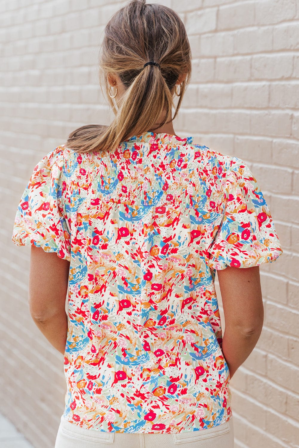 Vibrant Abstract Pattern Smocked Puff Sleeves Top