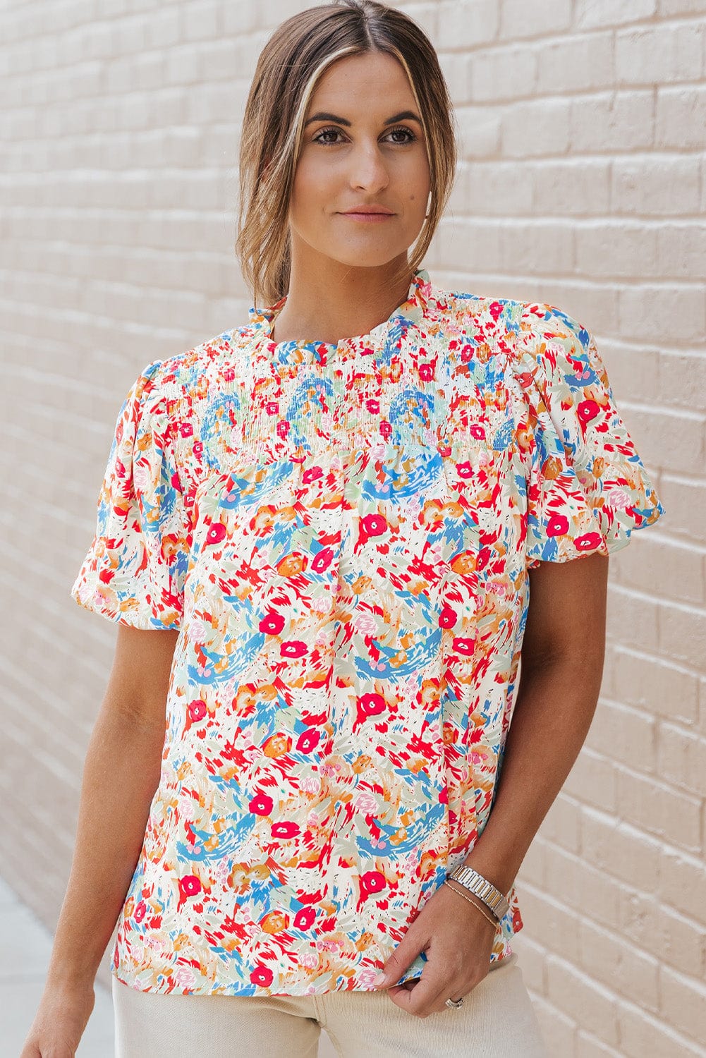 Vibrant Abstract Pattern Smocked Puff Sleeves Top