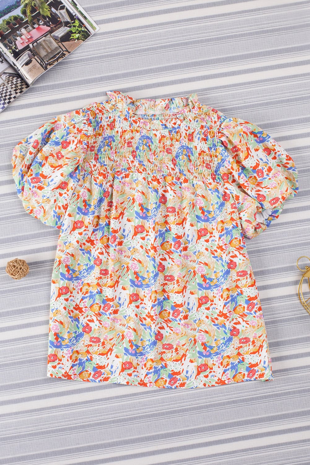 Vibrant Abstract Pattern Smocked Puff Sleeves Top