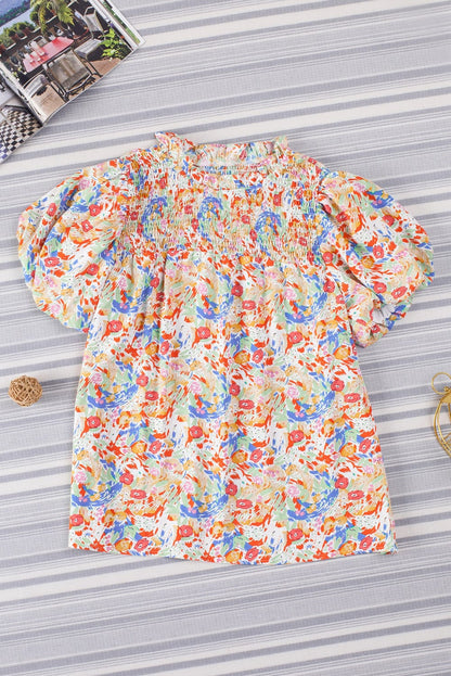Vibrant Abstract Pattern Smocked Puff Sleeves Top