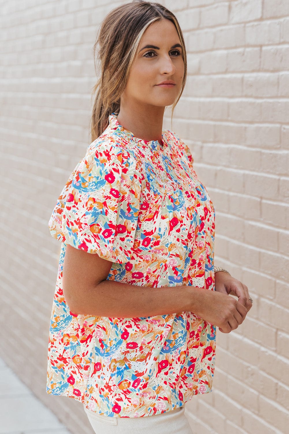 Vibrant Abstract Pattern Smocked Puff Sleeves Top