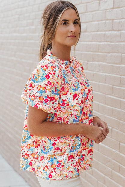 Vibrant Abstract Pattern Smocked Puff Sleeves Top