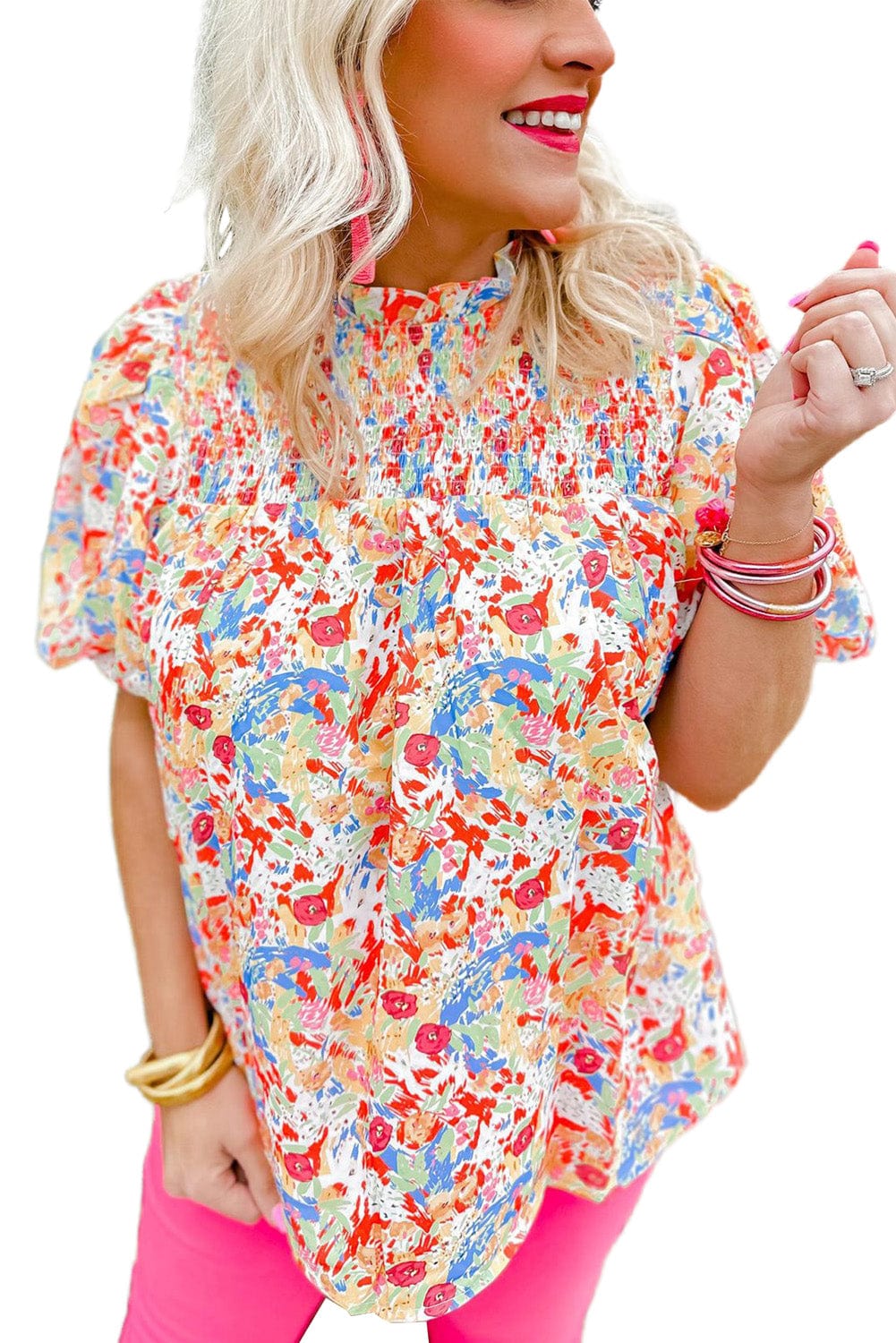 Vibrant Abstract Pattern Smocked Puff Sleeves Top