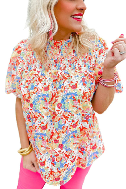 Vibrant Abstract Pattern Smocked Puff Sleeves Top