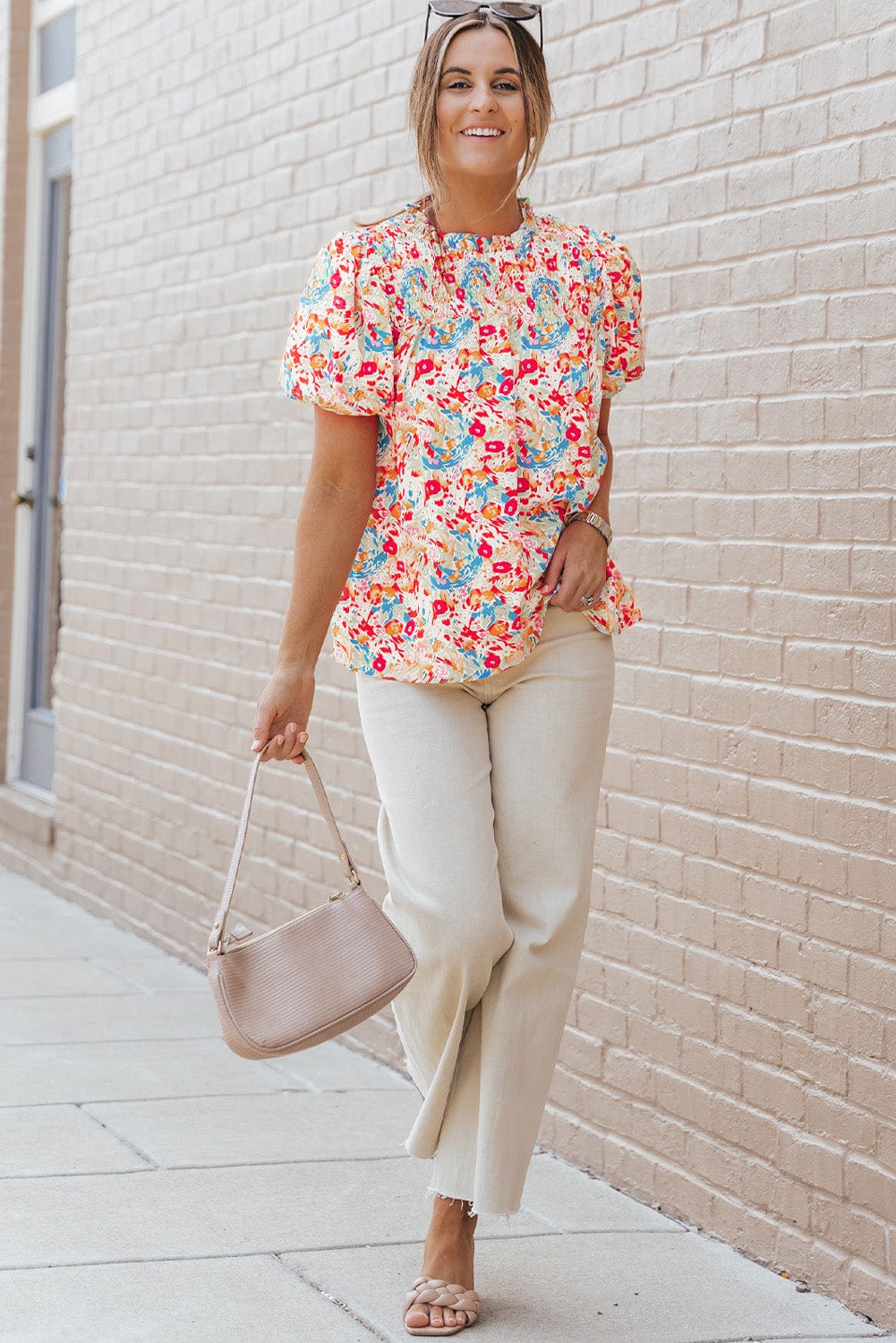 Vibrant Abstract Pattern Smocked Puff Sleeves Top