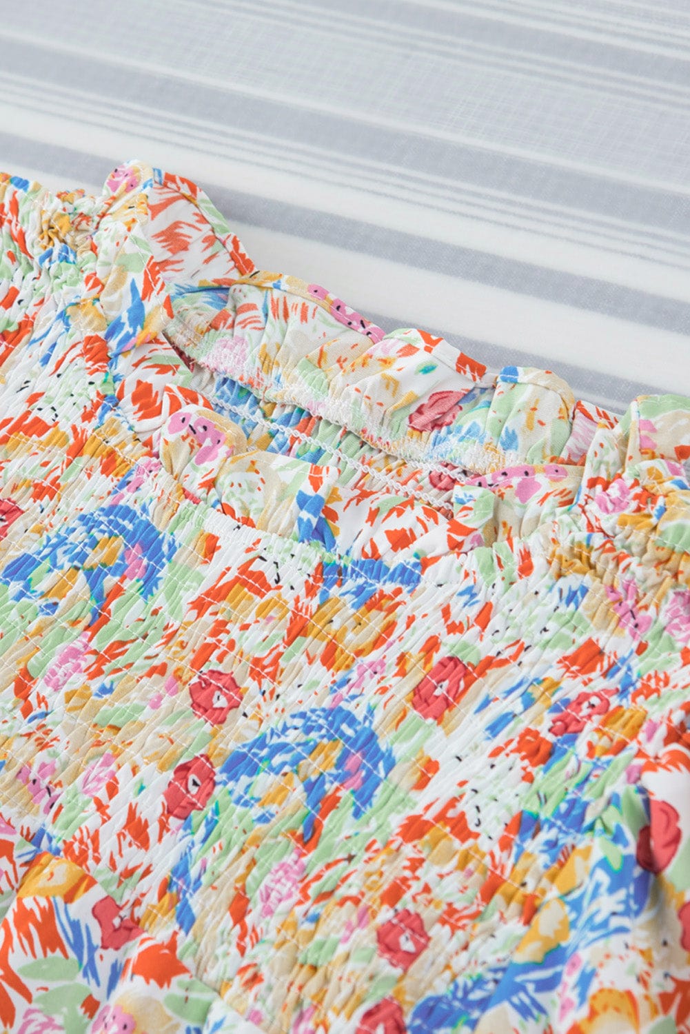 Vibrant Abstract Pattern Smocked Puff Sleeves Top