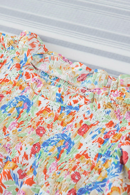 Vibrant Abstract Pattern Smocked Puff Sleeves Top