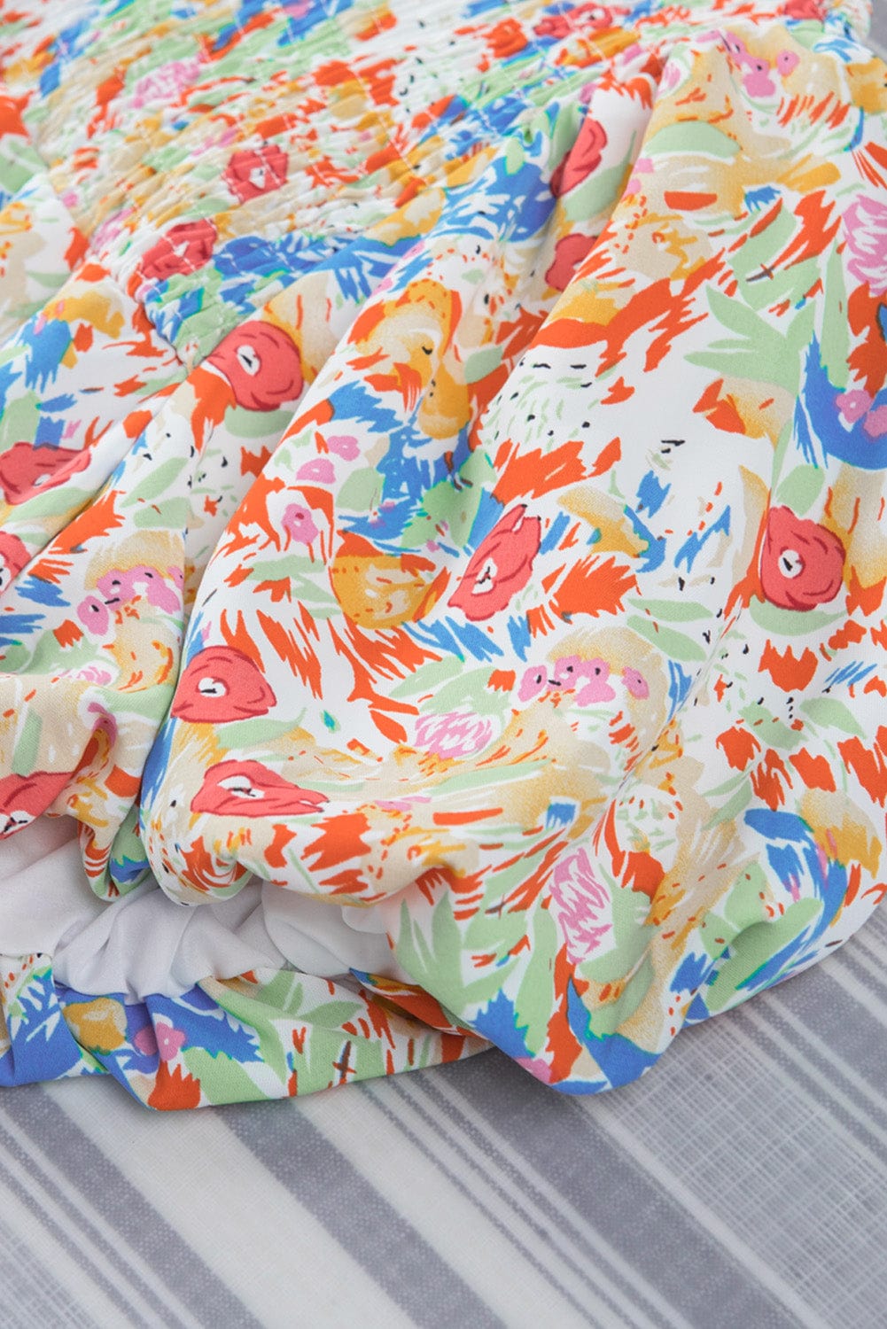 Vibrant Abstract Pattern Smocked Puff Sleeves Top