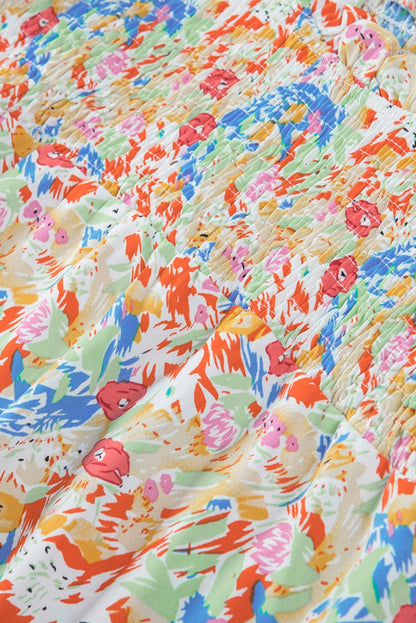 Vibrant Abstract Pattern Smocked Puff Sleeves Top