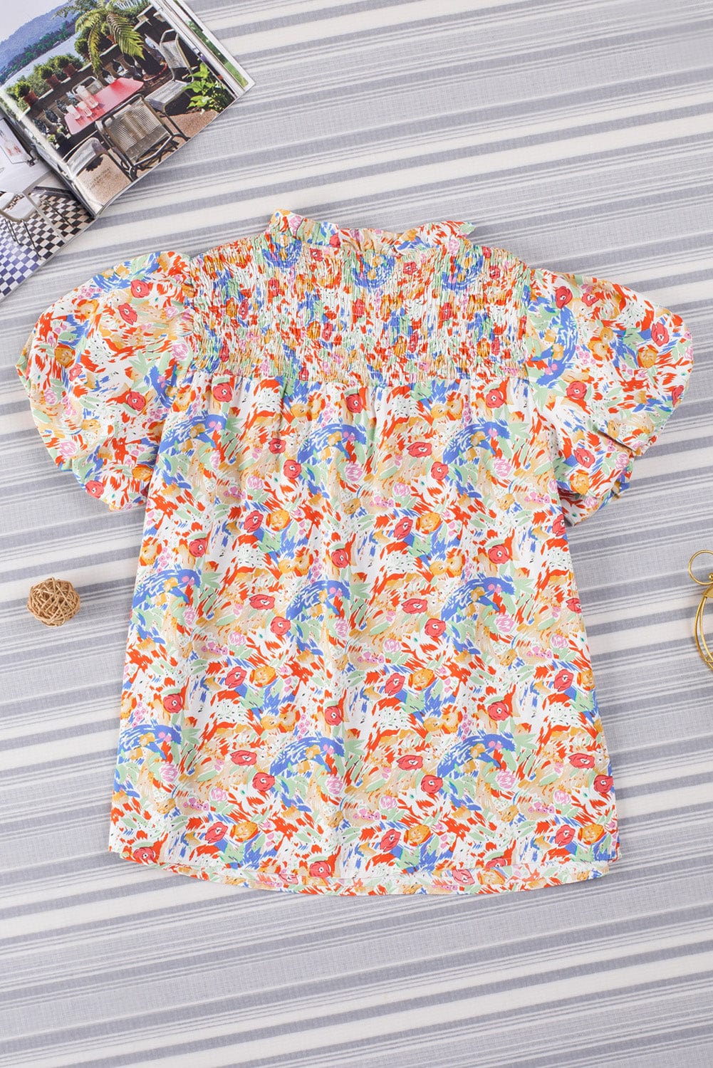 Vibrant Abstract Pattern Smocked Puff Sleeves Top