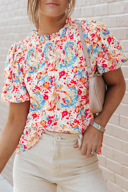Vibrant Abstract Pattern Smocked Puff Sleeves Top