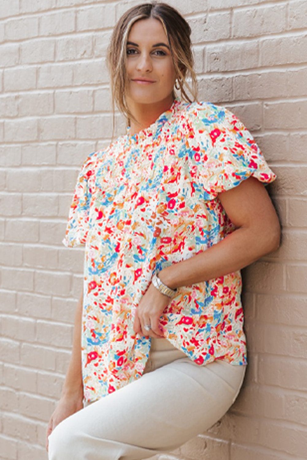 Vibrant Abstract Pattern Smocked Puff Sleeves Top