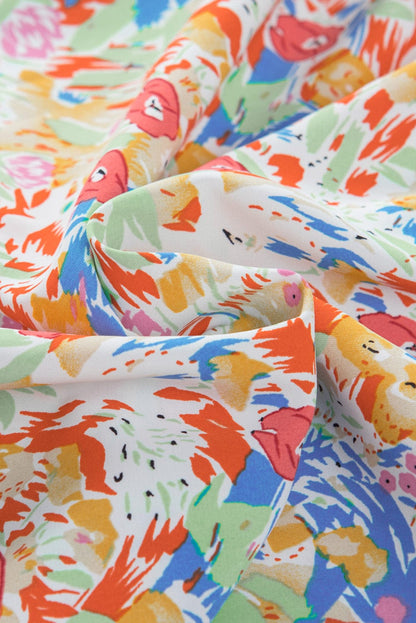 Vibrant Abstract Pattern Smocked Puff Sleeves Top