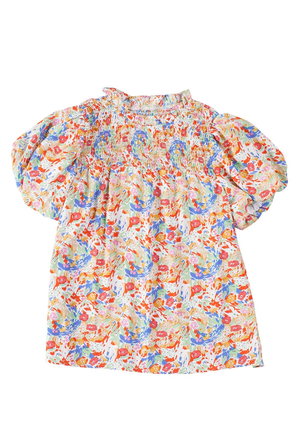 Vibrant Abstract Pattern Smocked Puff Sleeves Top