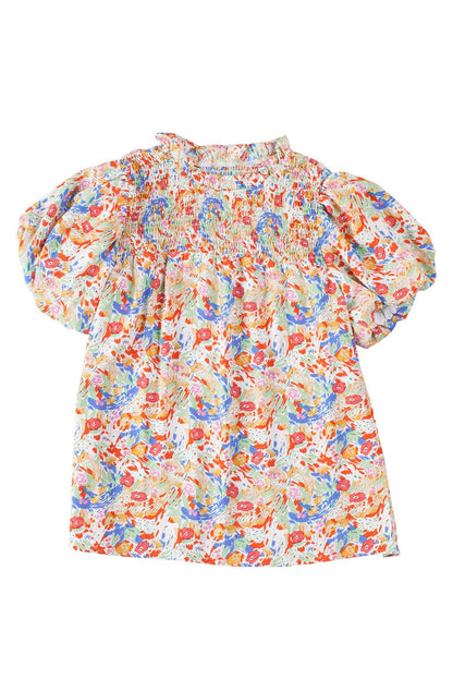 Vibrant Abstract Pattern Smocked Puff Sleeves Top