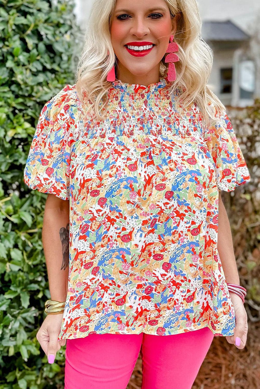 Vibrant Abstract Pattern Smocked Puff Sleeves Top