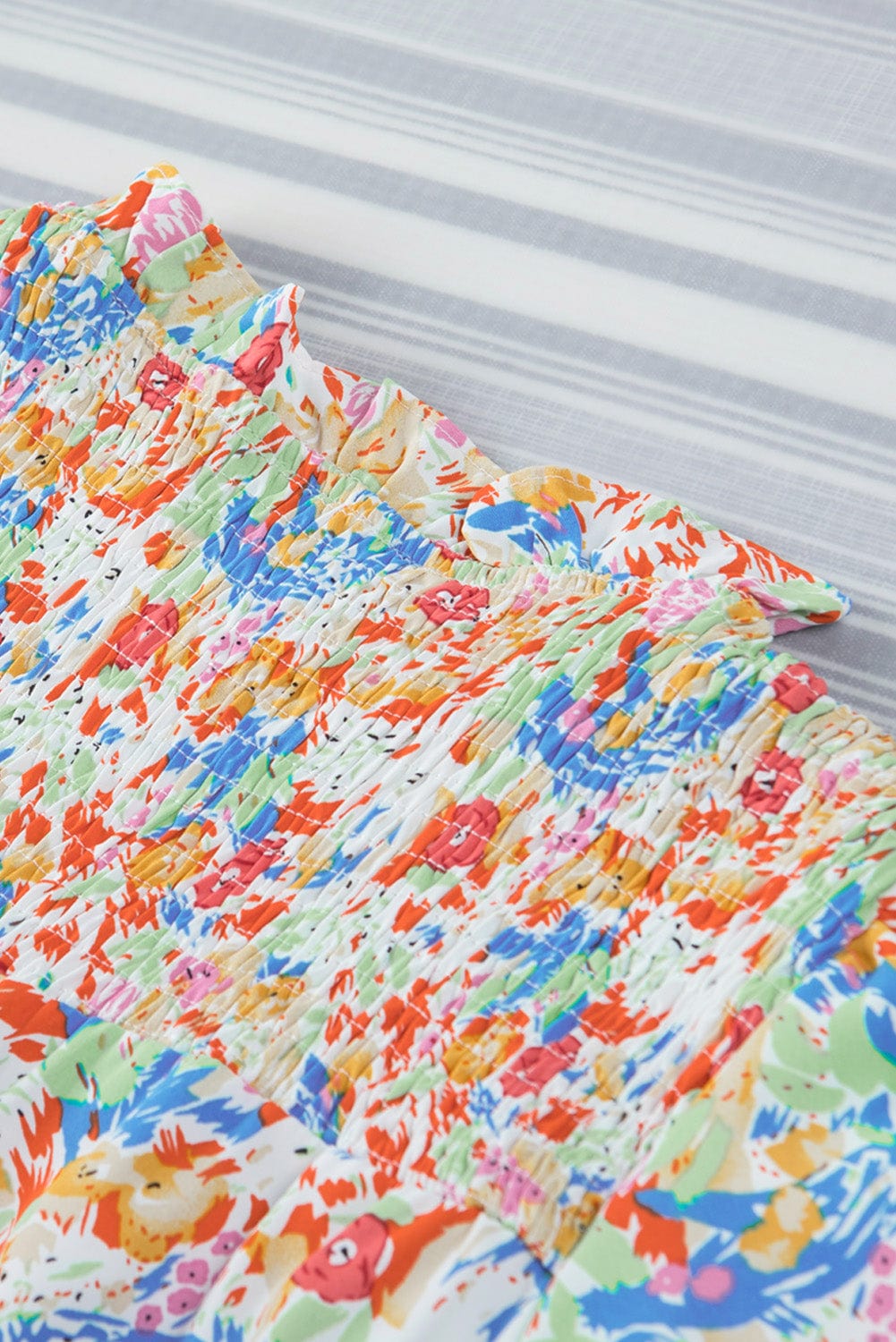 Vibrant Abstract Pattern Smocked Puff Sleeves Top