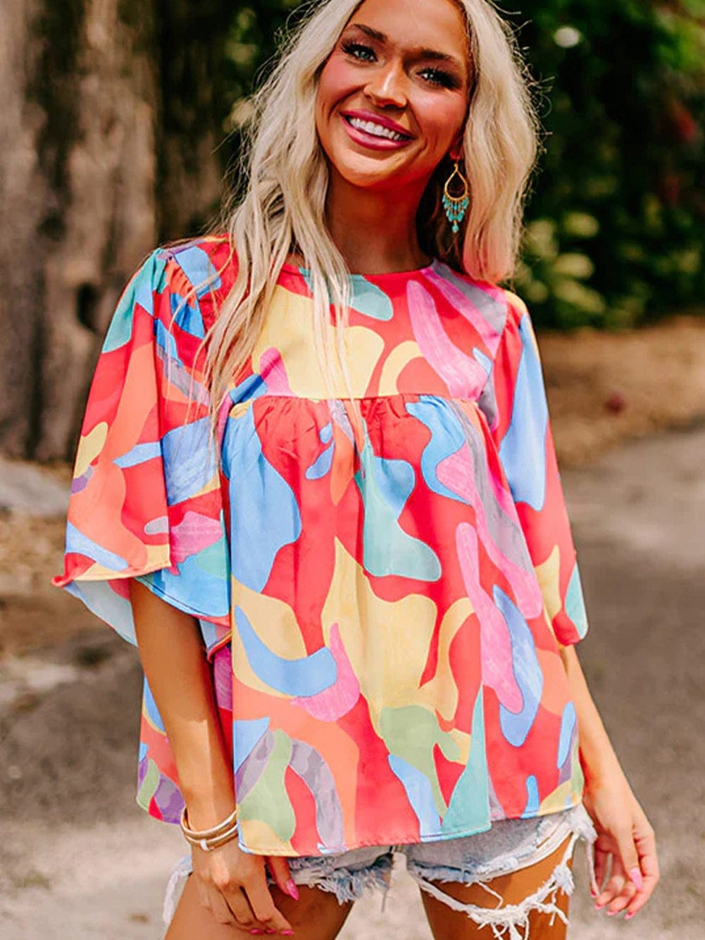 Vibrant Abstract Print Flowy Sleeve Round Neck Top