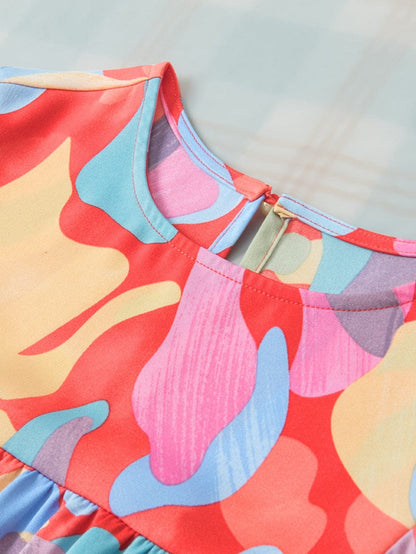 Vibrant Abstract Print Flowy Sleeve Round Neck Top