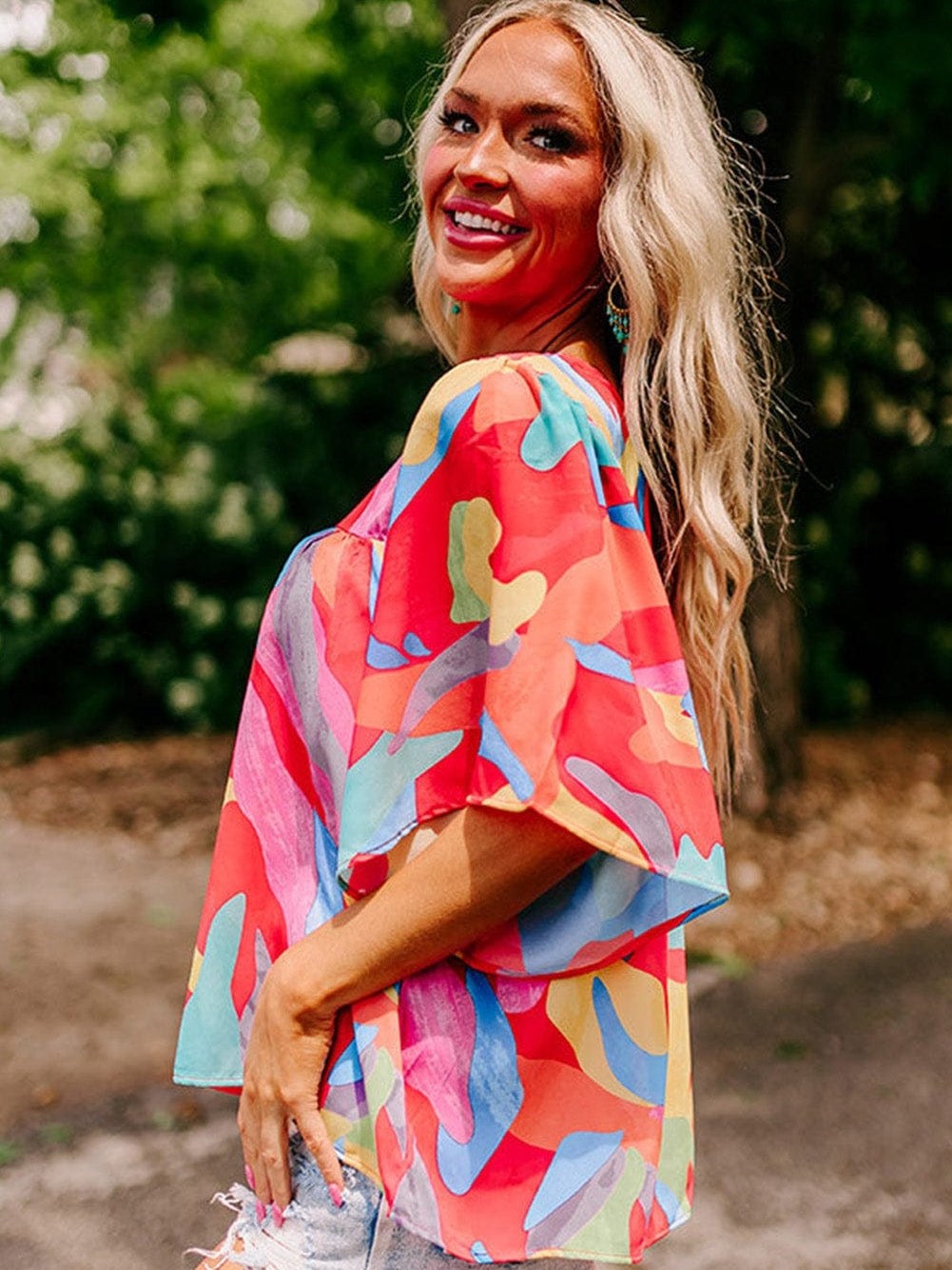 Vibrant Abstract Print Flowy Sleeve Round Neck Top
