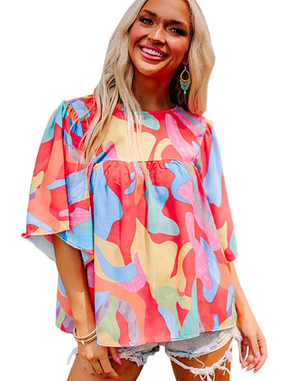 Vibrant Abstract Print Flowy Sleeve Round Neck Top