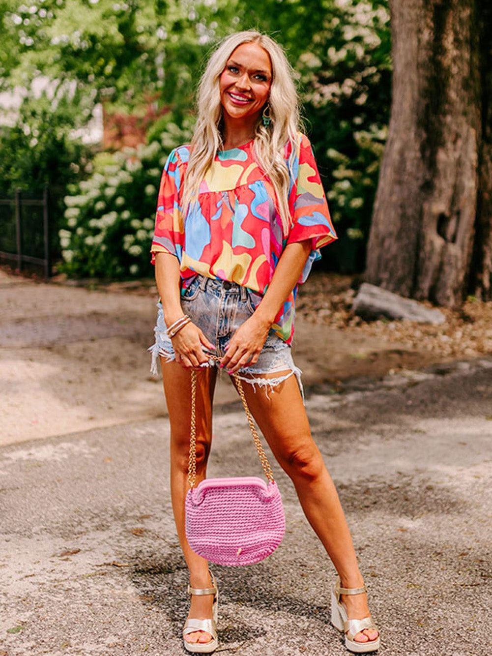 Vibrant Abstract Print Flowy Sleeve Round Neck Top