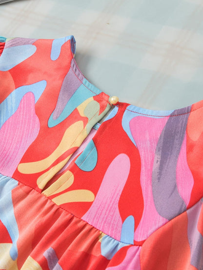 Vibrant Abstract Print Flowy Sleeve Round Neck Top