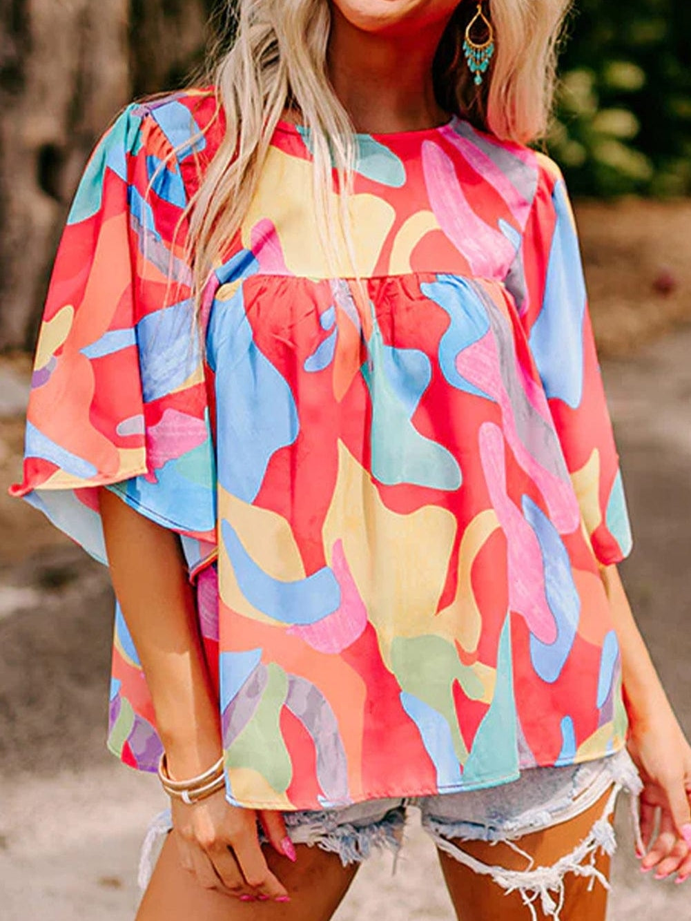 Sloping Shoulder Ruffle Print Dress