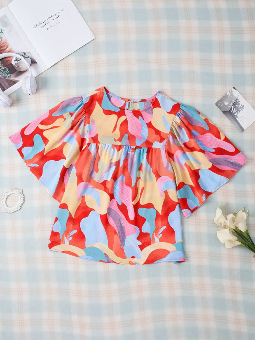 Vibrant Abstract Print Flowy Sleeve Round Neck Top