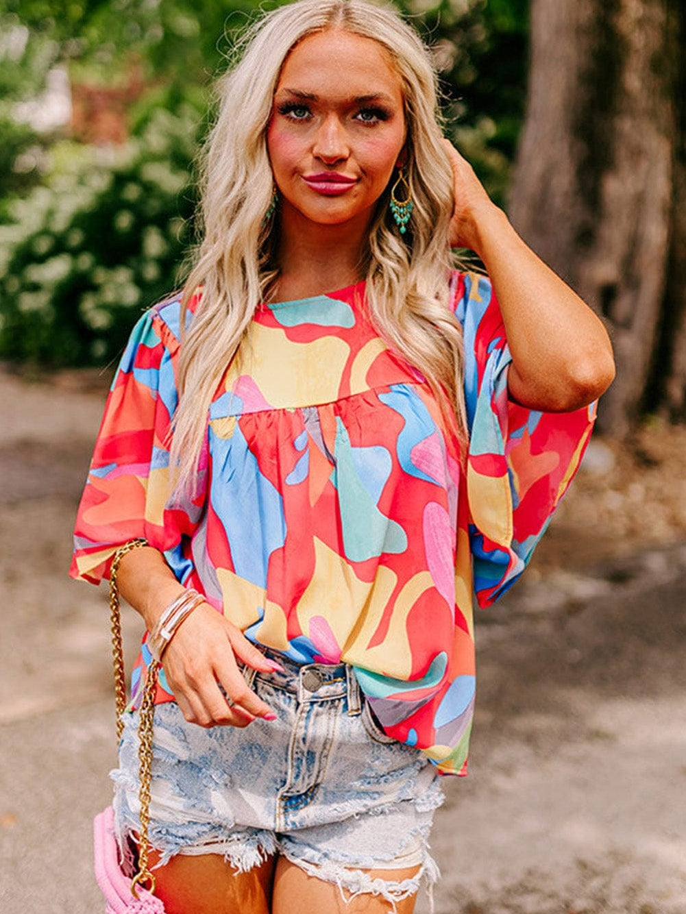Vibrant Abstract Print Flowy Sleeve Round Neck Top