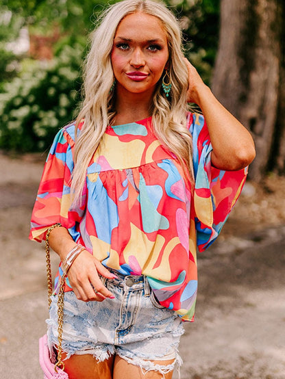 Vibrant Abstract Print Flowy Sleeve Round Neck Top
