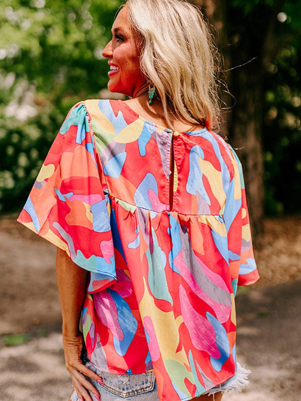 Vibrant Abstract Print Flowy Sleeve Round Neck Top