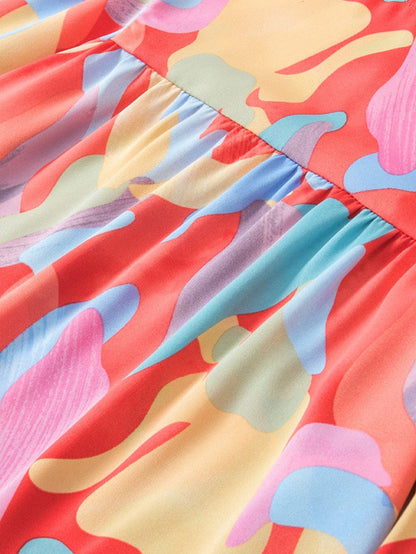 Vibrant Abstract Print Flowy Sleeve Round Neck Top