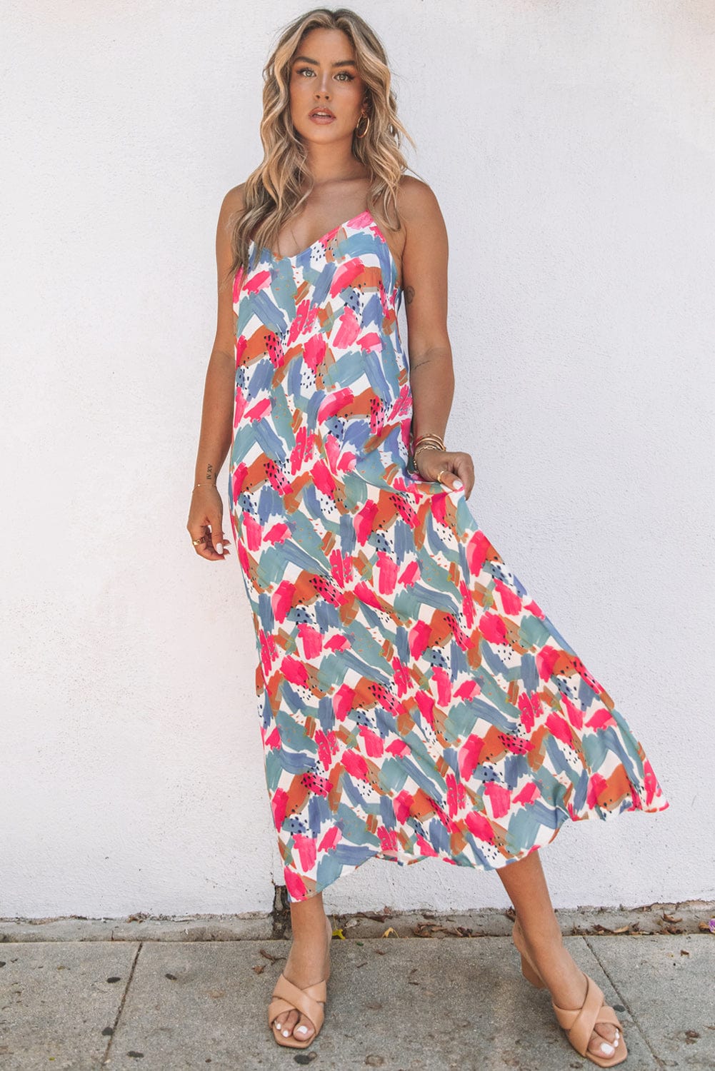 Vibrant Abstract Print Maxi Dress with Spaghetti Straps