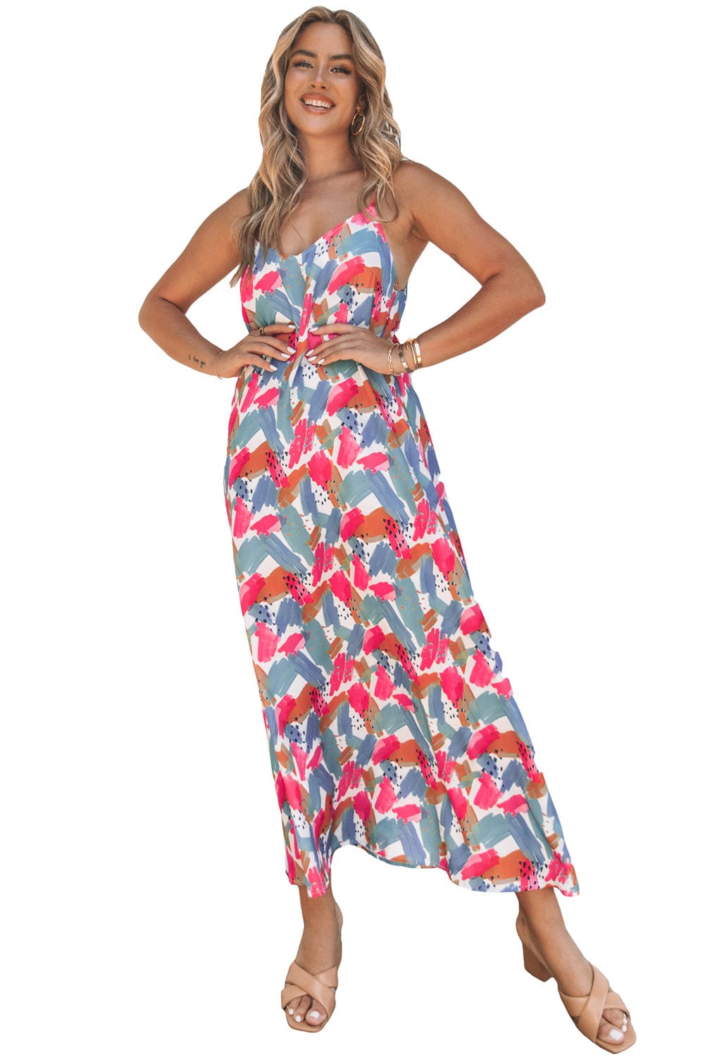 Vibrant Abstract Print Maxi Dress with Spaghetti Straps