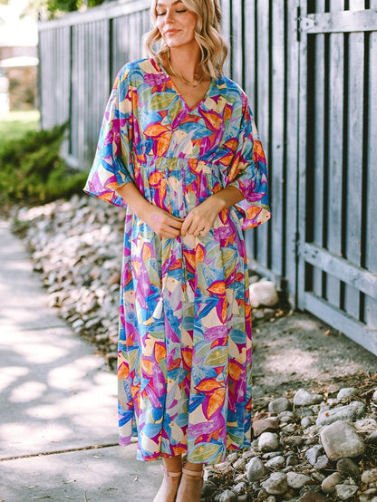 Vibrant Abstract Print V-Neck Maxi Dress with High Waist