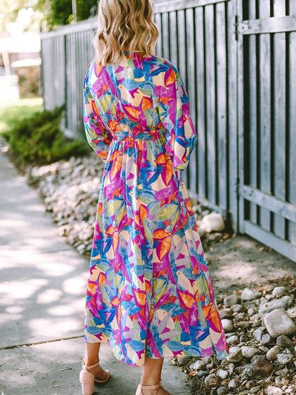 Vibrant Abstract Print V-Neck Maxi Dress with High Waist