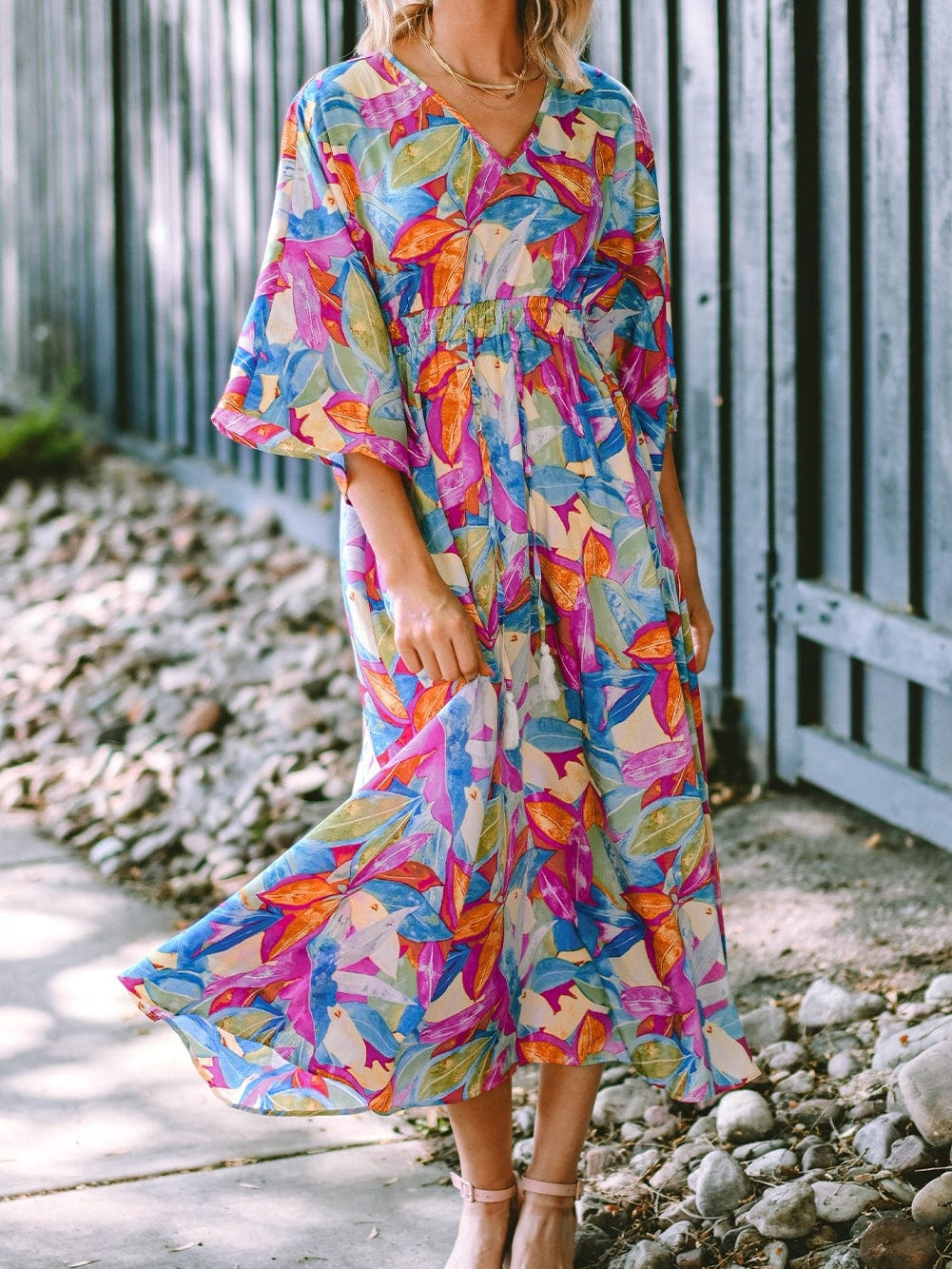 Vibrant Abstract Print V-Neck Maxi Dress with High Waist