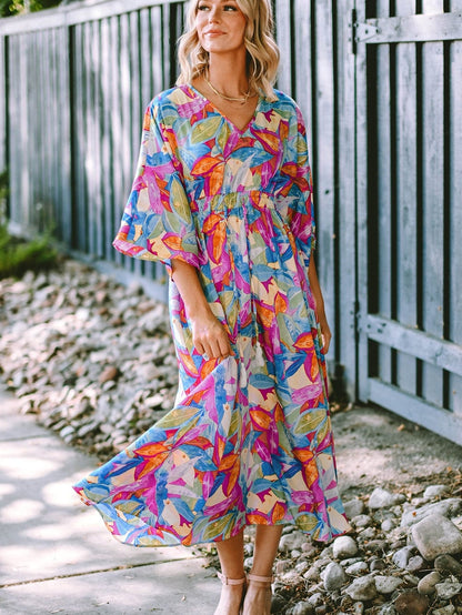Vibrant Abstract Print V-Neck Maxi Dress with High Waist