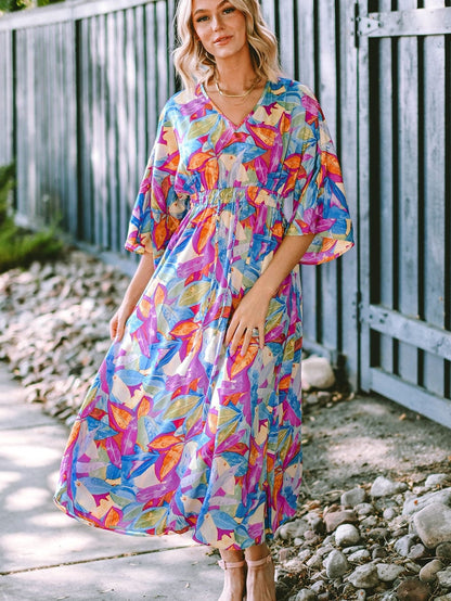 Vibrant Abstract Print V-Neck Maxi Dress with High Waist