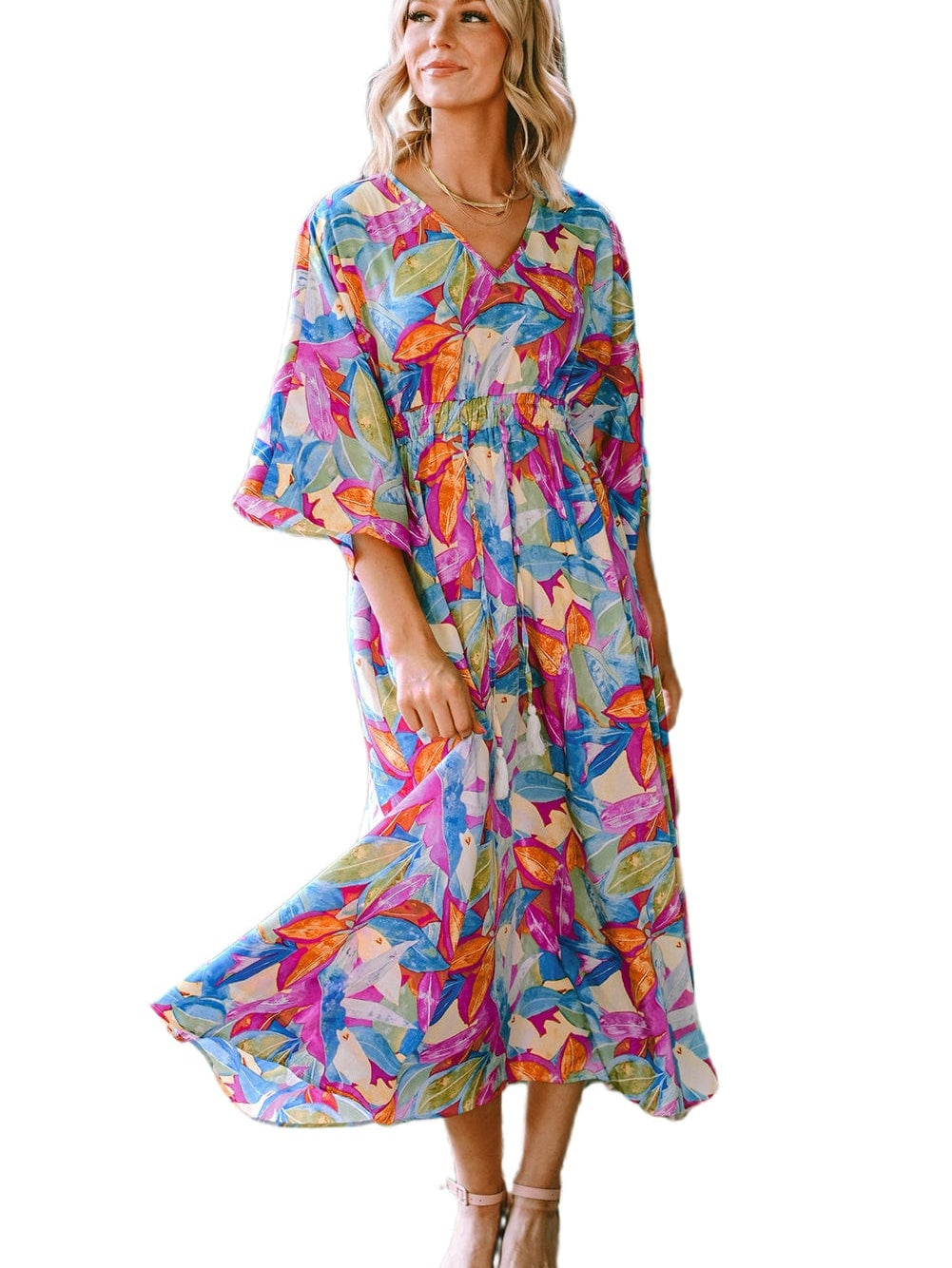 Vibrant Abstract Print V-Neck Maxi Dress with High Waist