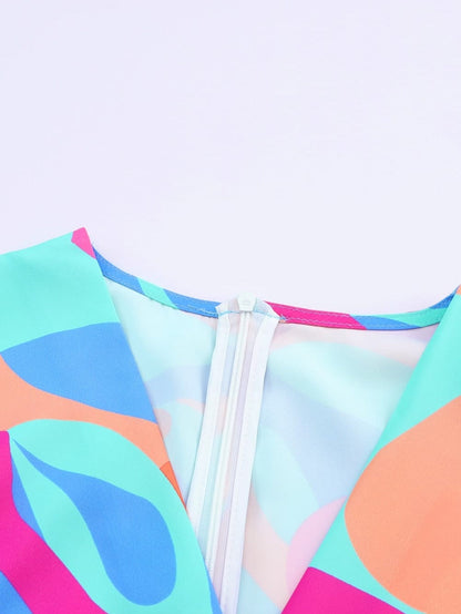 Vibrant Abstract Print V-Neck Puff Sleeve Mini Dress