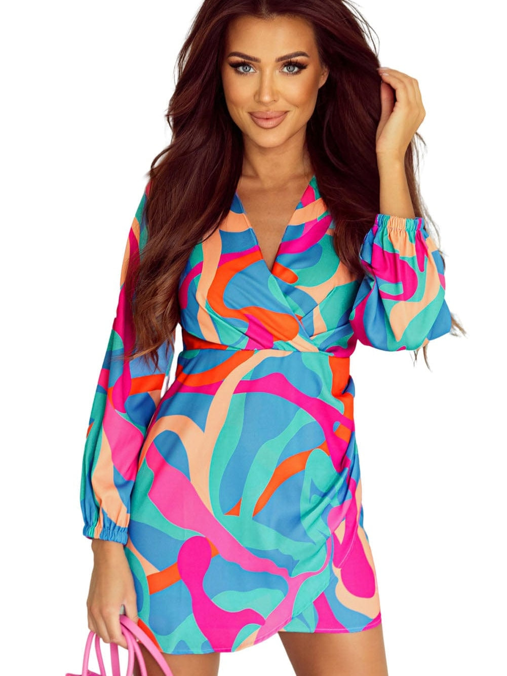 Vibrant Abstract Print V-Neck Puff Sleeve Mini Dress