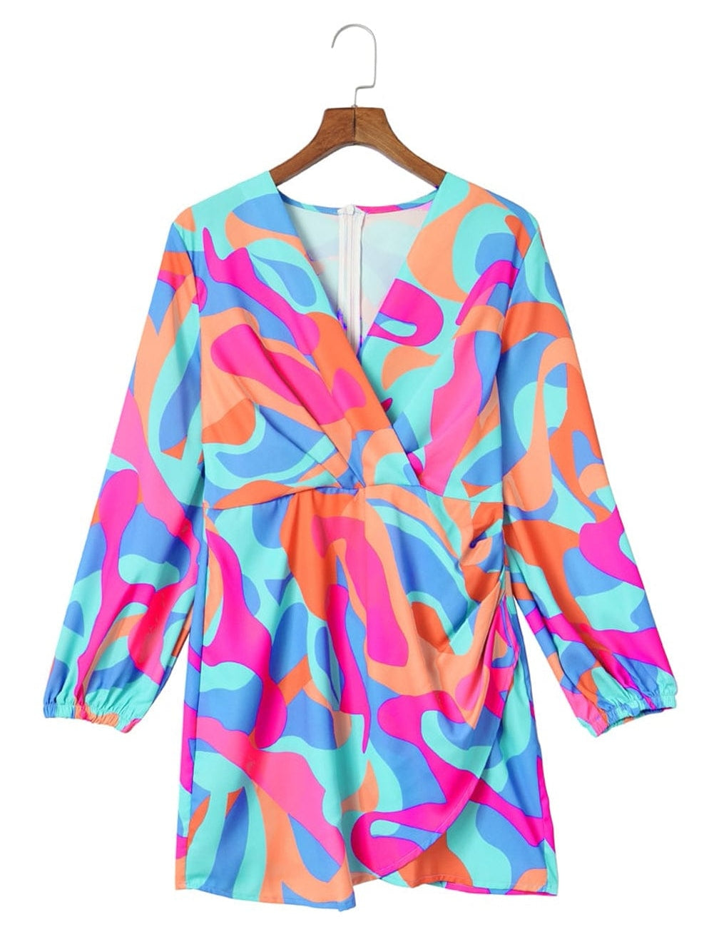 Vibrant Abstract Print V-Neck Puff Sleeve Mini Dress